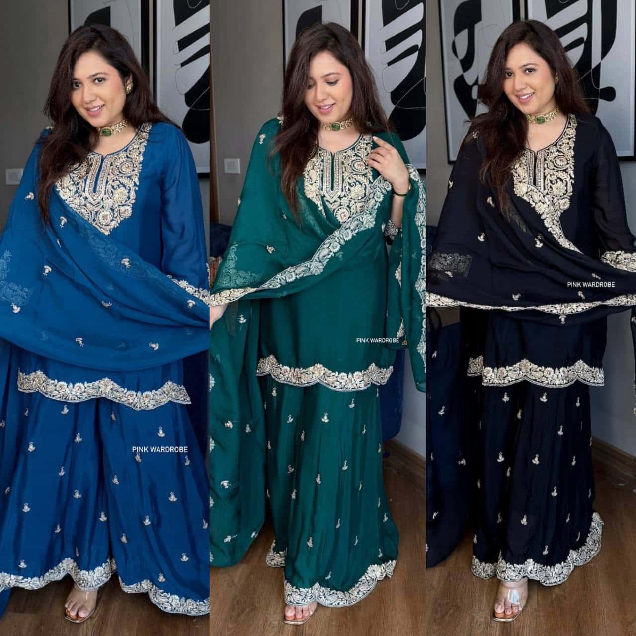 "Elegant Pure Chinnon Silk Embroidered Ensemble with Plazzo & Dupatta"