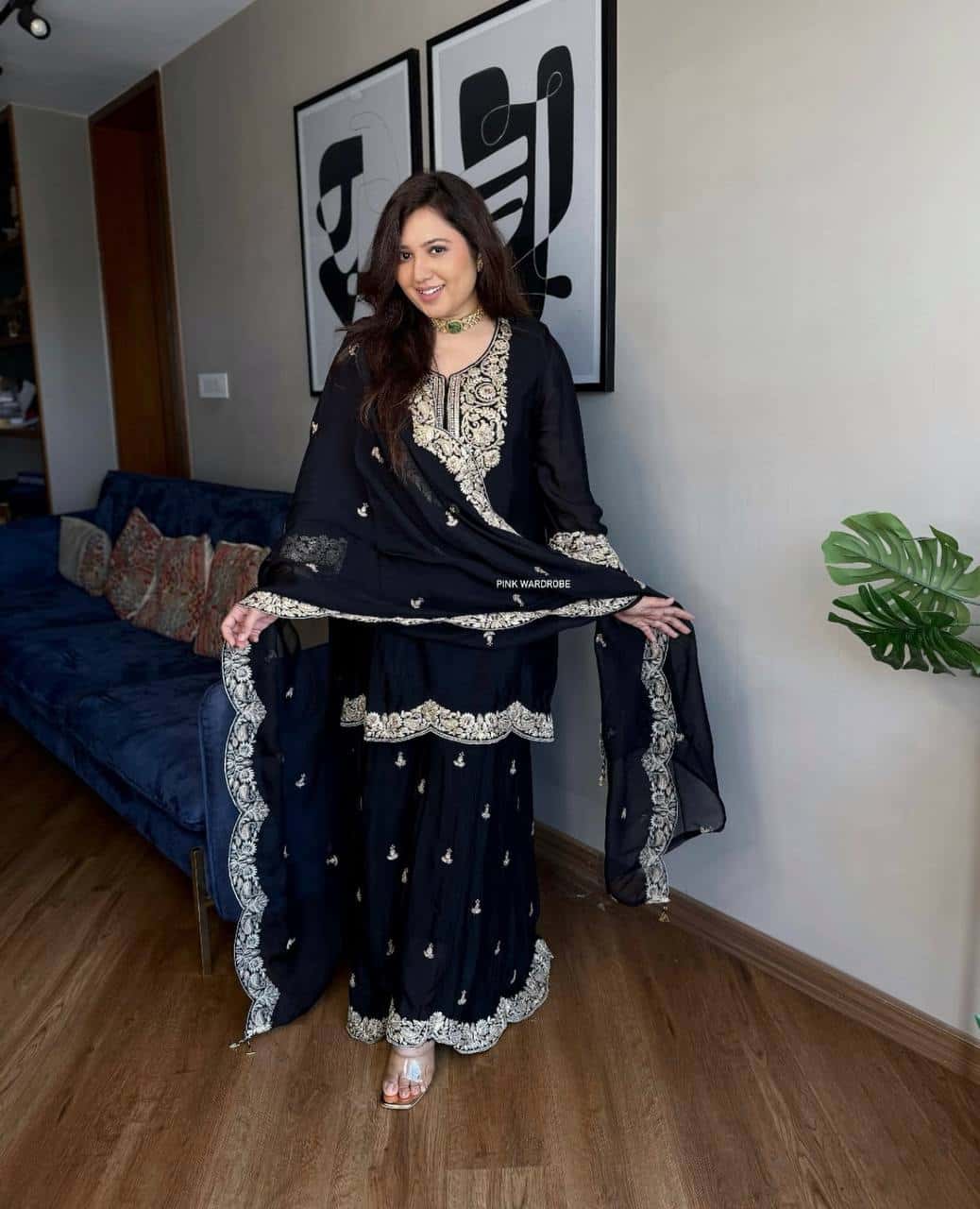 "Elegant Pure Chinnon Silk Embroidered Ensemble with Plazzo & Dupatta"