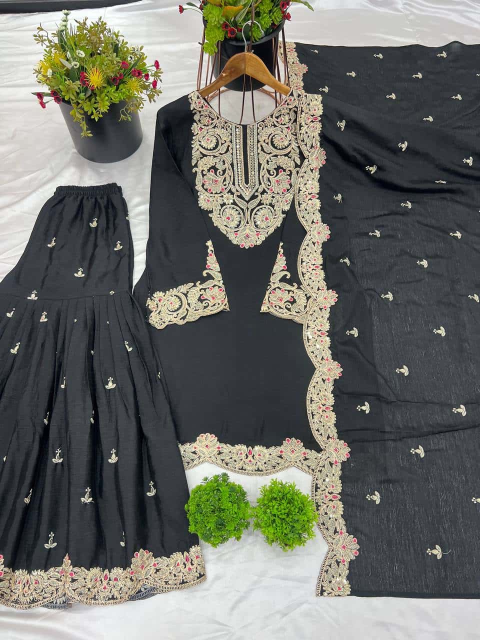 "Elegant Pure Chinnon Silk Embroidered Ensemble with Plazzo & Dupatta"