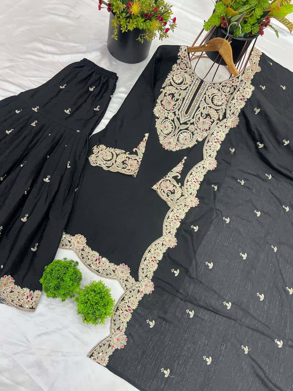 "Elegant Pure Chinnon Silk Embroidered Ensemble with Plazzo & Dupatta"