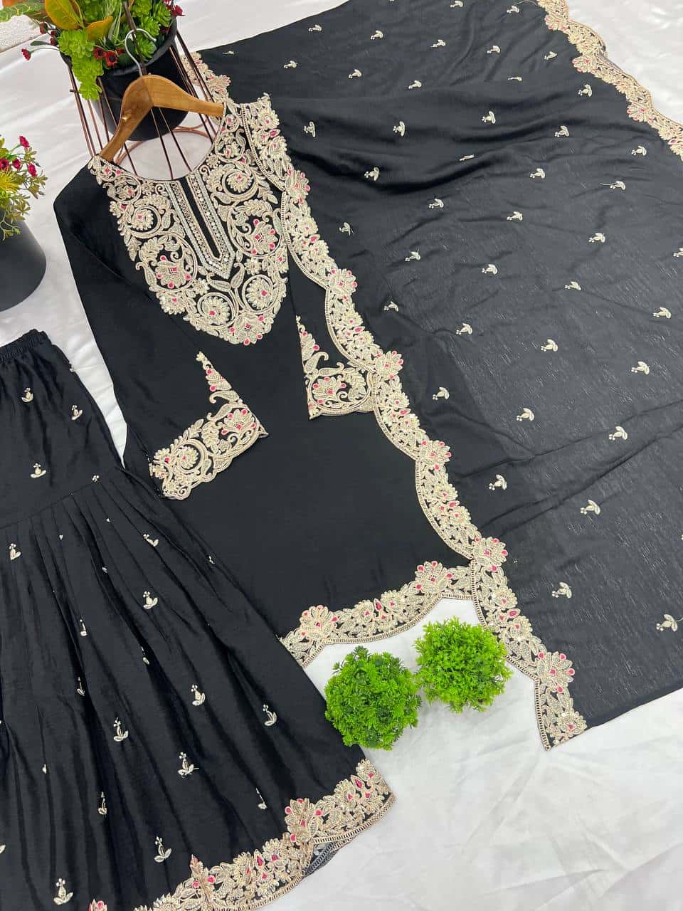 "Elegant Pure Chinnon Silk Embroidered Ensemble with Plazzo & Dupatta"