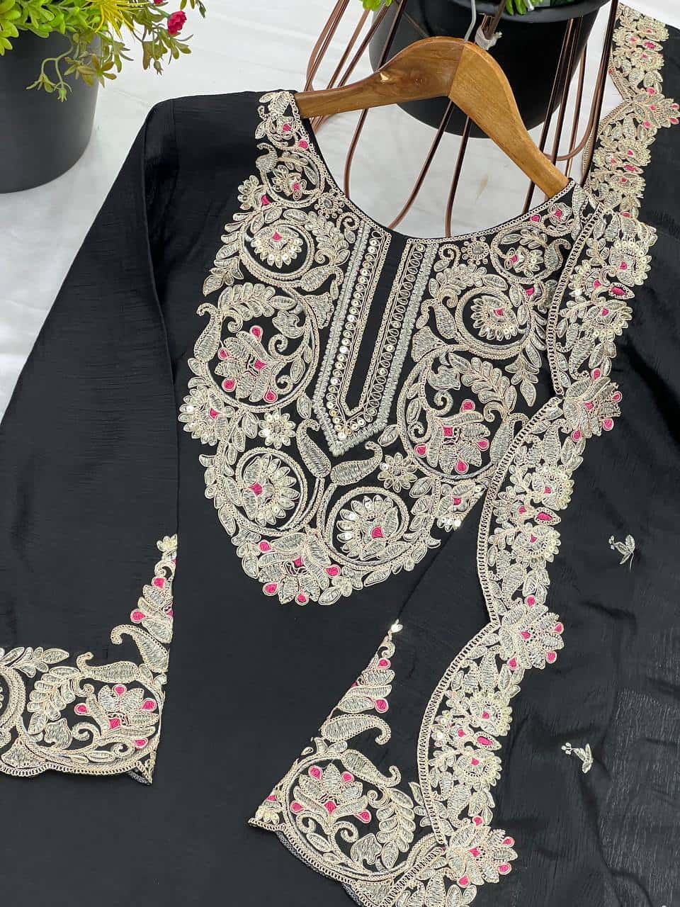 "Elegant Pure Chinnon Silk Embroidered Ensemble with Plazzo & Dupatta"