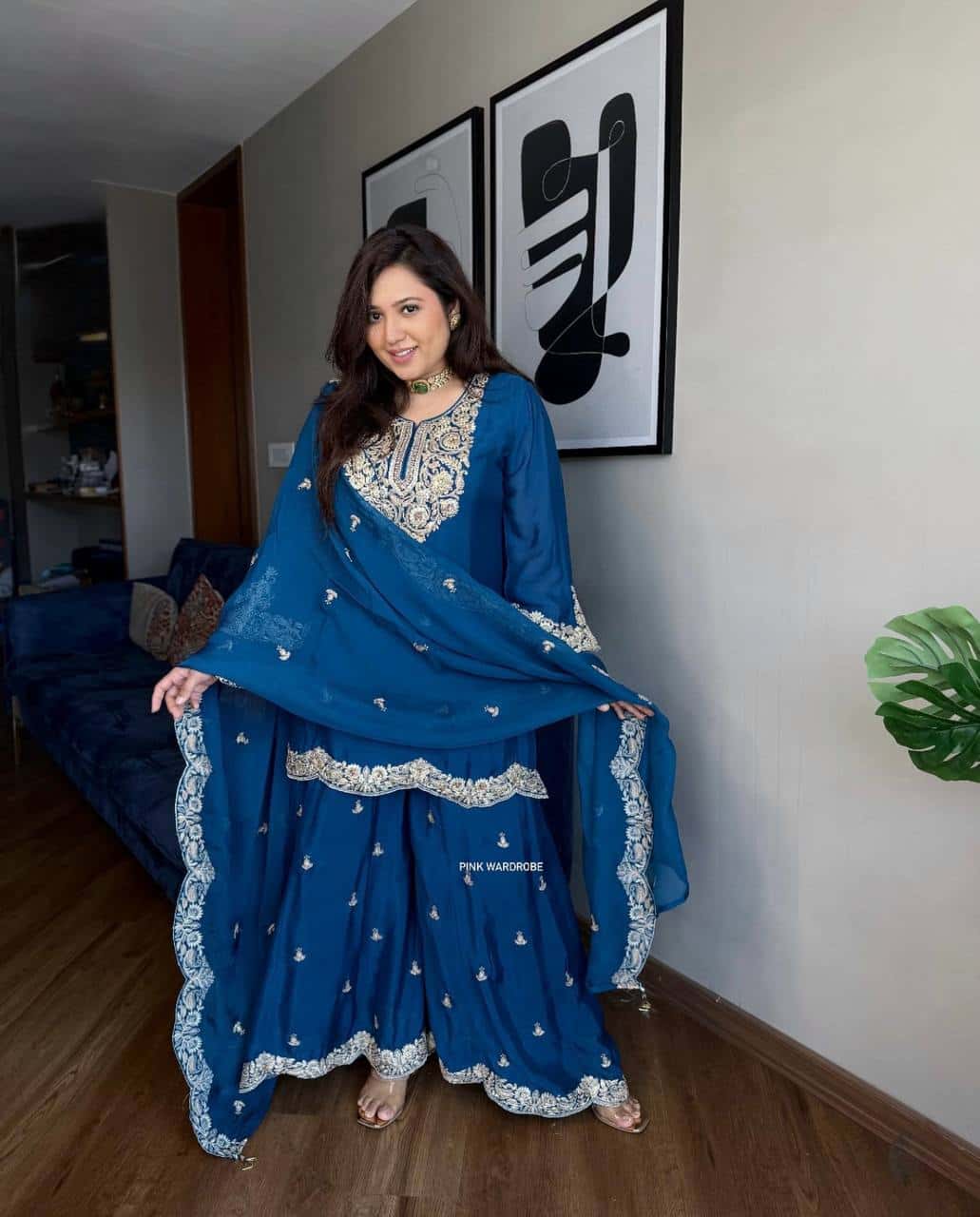 "Elegant Pure Chinnon Silk Embroidered Ensemble with Plazzo & Dupatta"