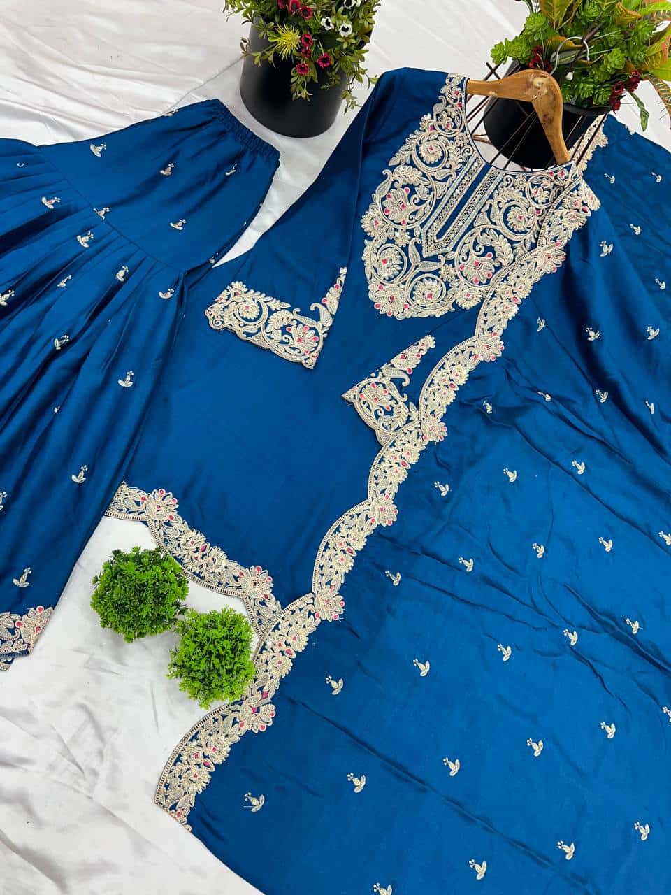 "Elegant Pure Chinnon Silk Embroidered Ensemble with Plazzo & Dupatta"