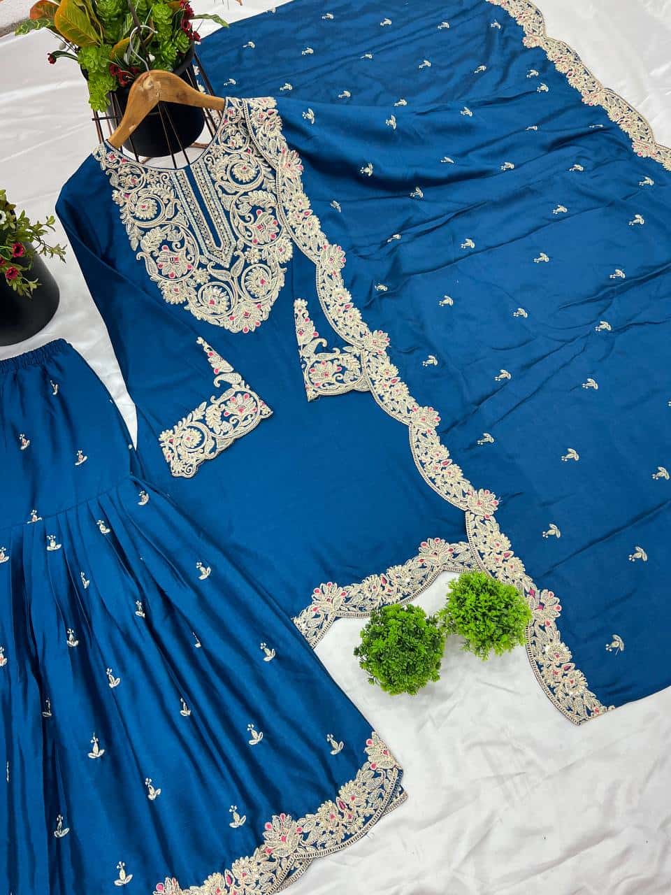 "Elegant Pure Chinnon Silk Embroidered Ensemble with Plazzo & Dupatta"