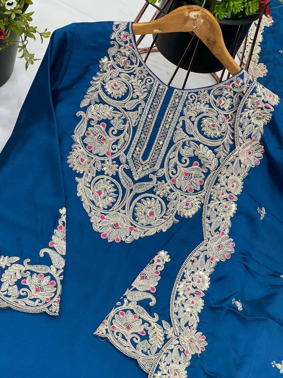 "Elegant Pure Chinnon Silk Embroidered Ensemble with Plazzo & Dupatta"