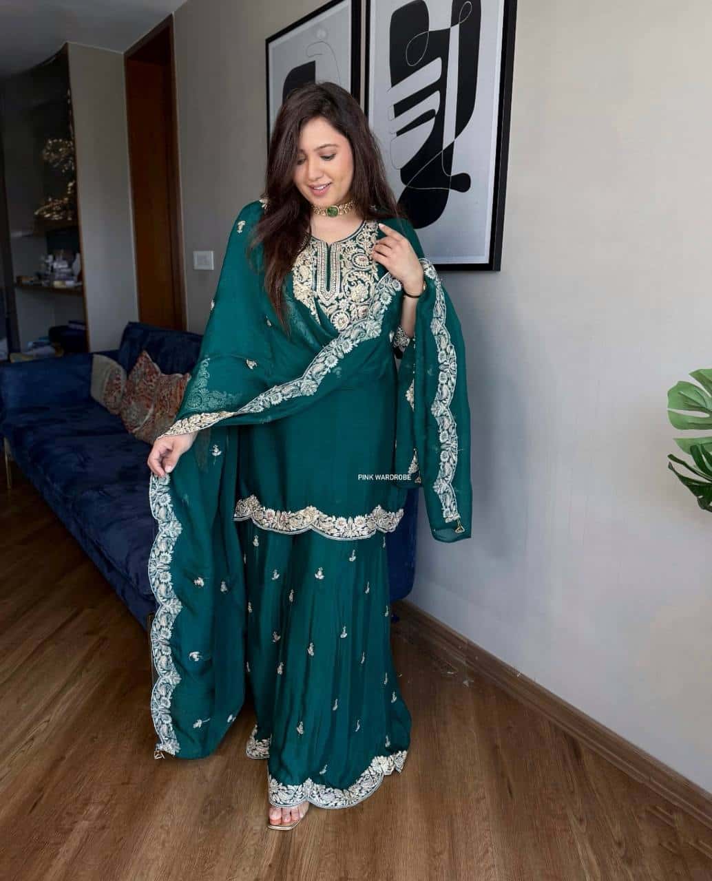 "Elegant Pure Chinnon Silk Embroidered Ensemble with Plazzo & Dupatta"