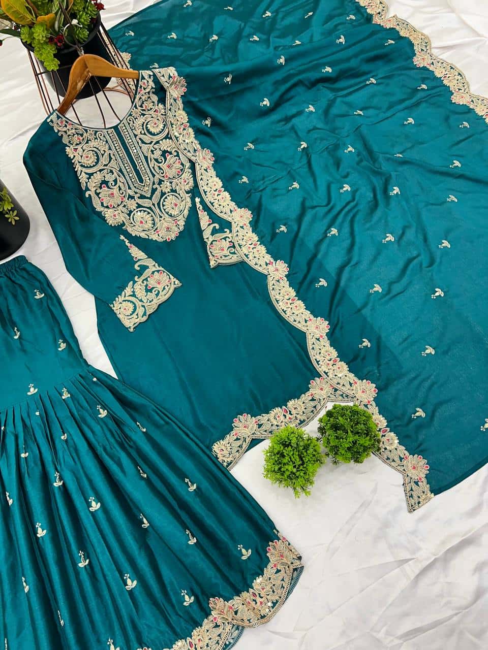 "Elegant Pure Chinnon Silk Embroidered Ensemble with Plazzo & Dupatta"