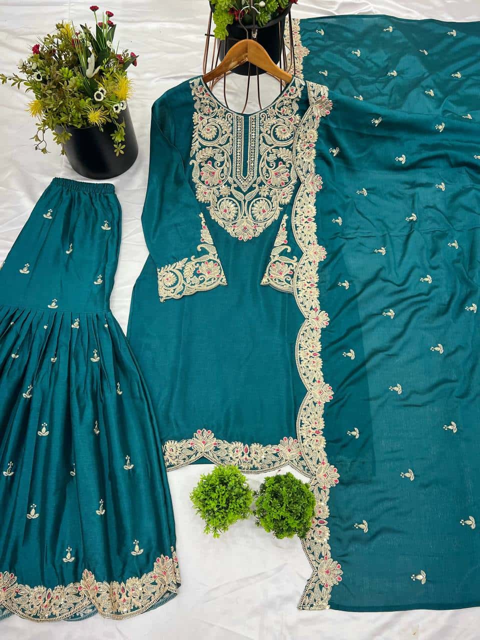 "Elegant Pure Chinnon Silk Embroidered Ensemble with Plazzo & Dupatta"
