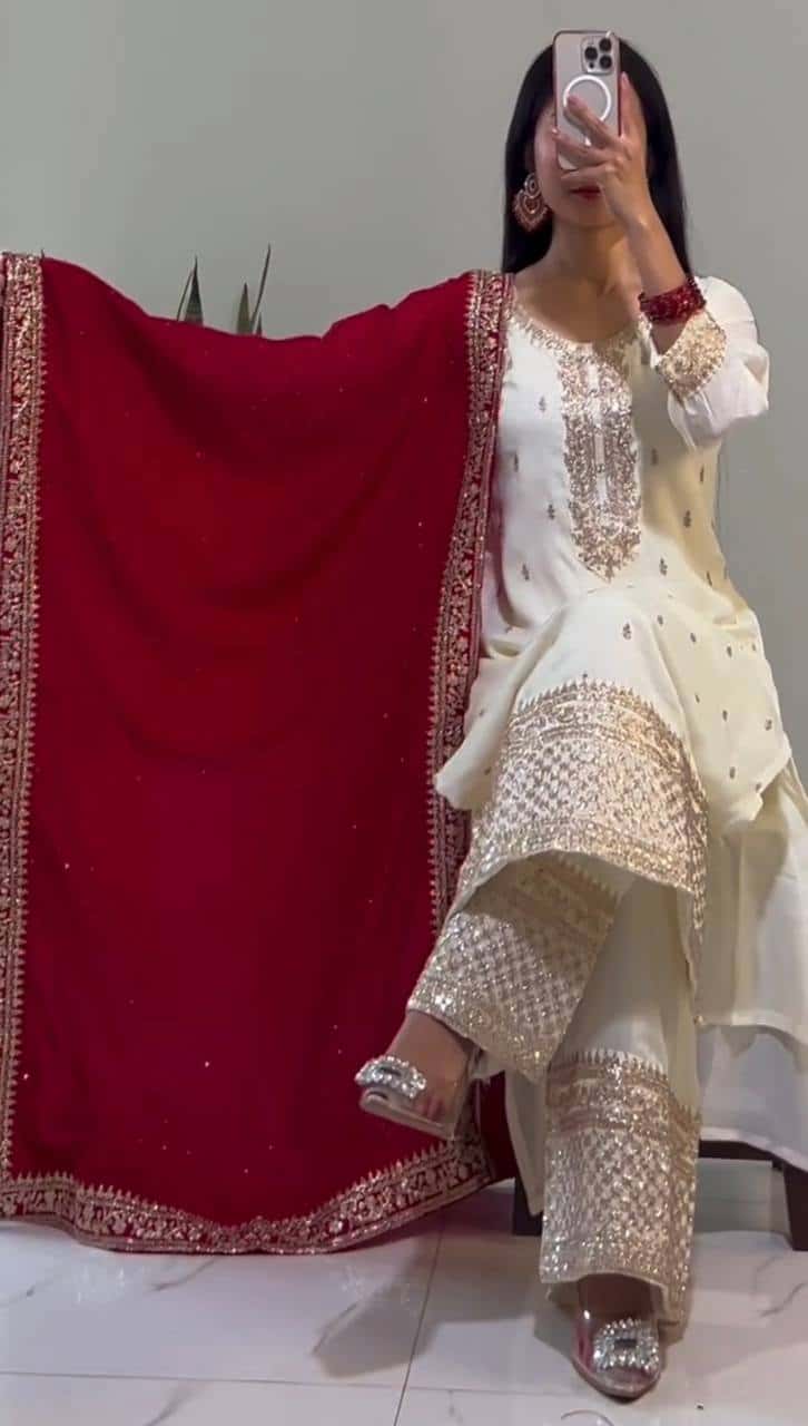 "Elegant Chinnon Silk Embroidered Top, Pant & Dupatta Set"