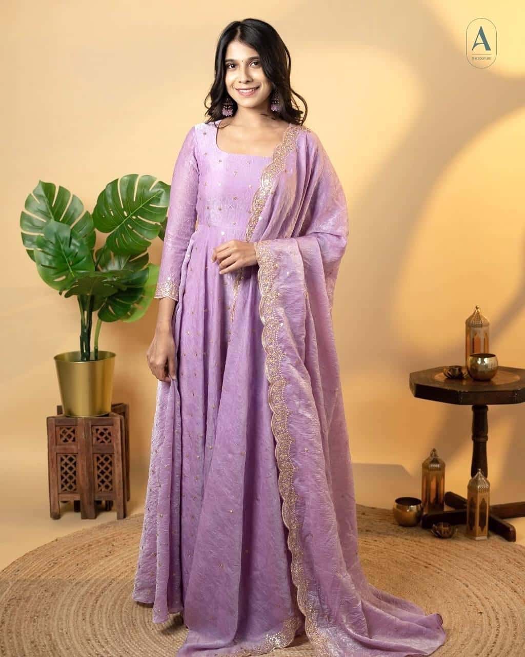 "Beautiful Embroidered Soft Gold Crush Silk Umbrella Gown with Dupatta" - Efashionkart