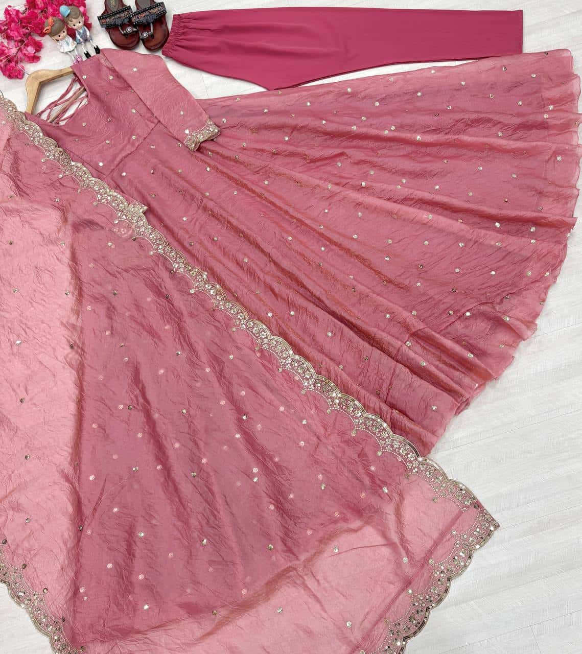 "Beautiful Embroidered Soft Gold Crush Silk Umbrella Gown with Dupatta"