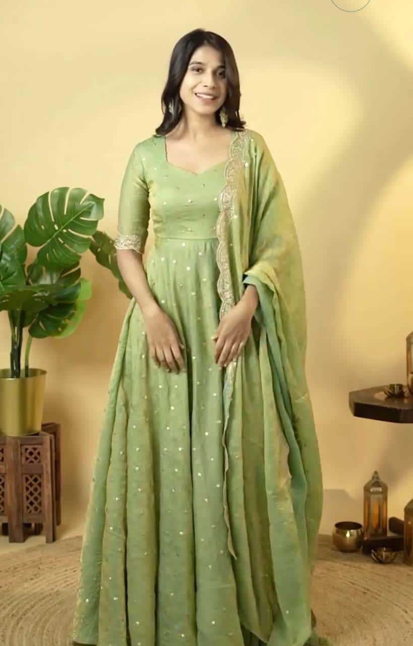 "Beautiful Embroidered Soft Gold Crush Silk Umbrella Gown with Dupatta" - Efashionkart