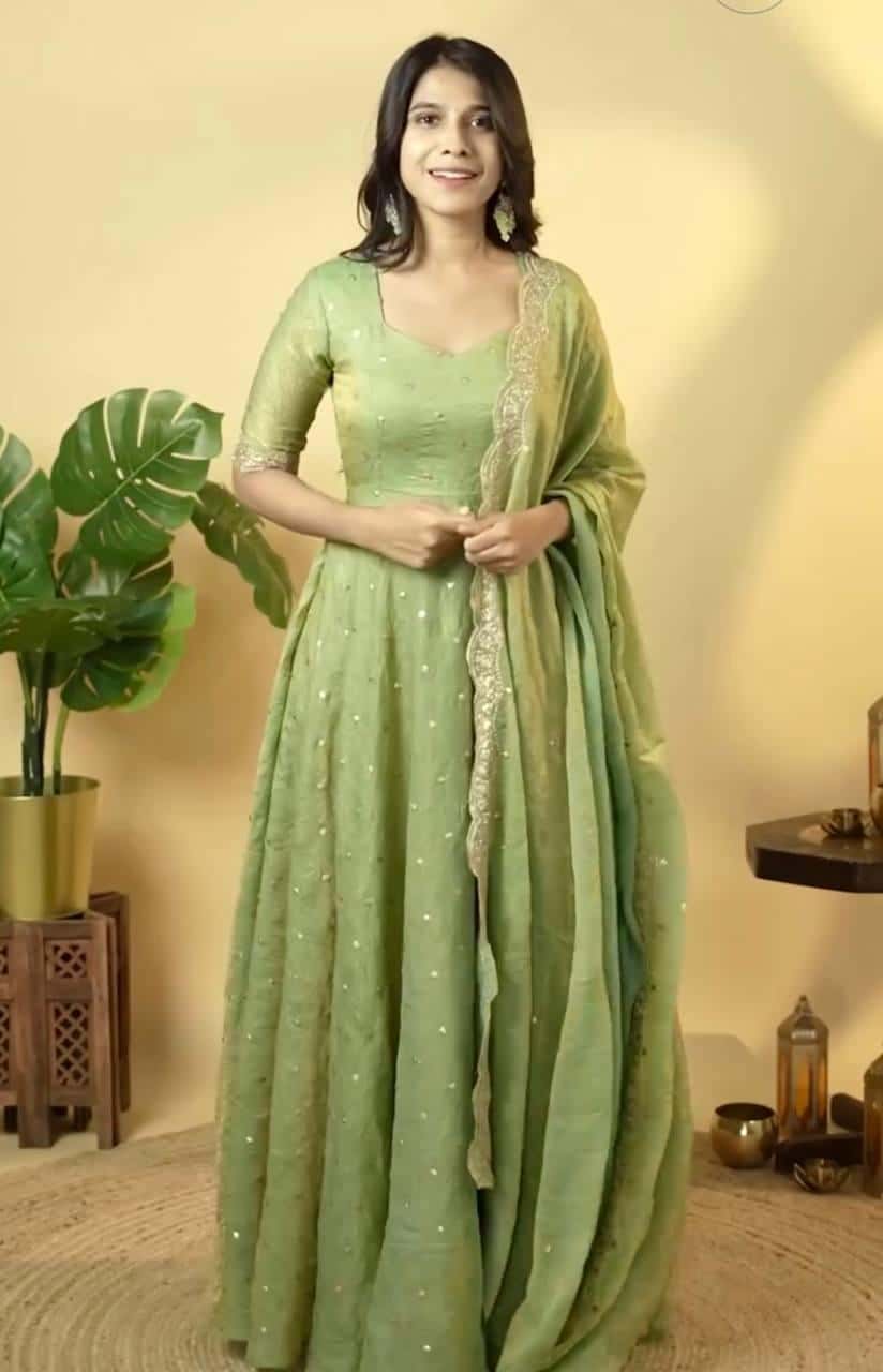 "Beautiful Embroidered Soft Gold Crush Silk Umbrella Gown with Dupatta" - Efashionkart