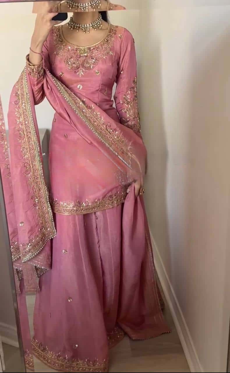 "Elegant Heavy Pure Chinnon Silk Embroidered Top, Sharara & Dupatta Set"