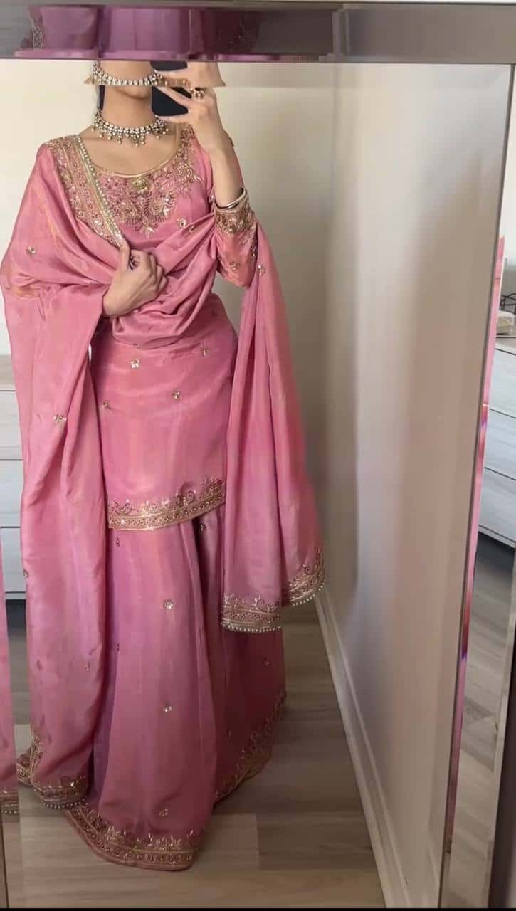 "Elegant Heavy Pure Chinnon Silk Embroidered Top, Sharara & Dupatta Set"