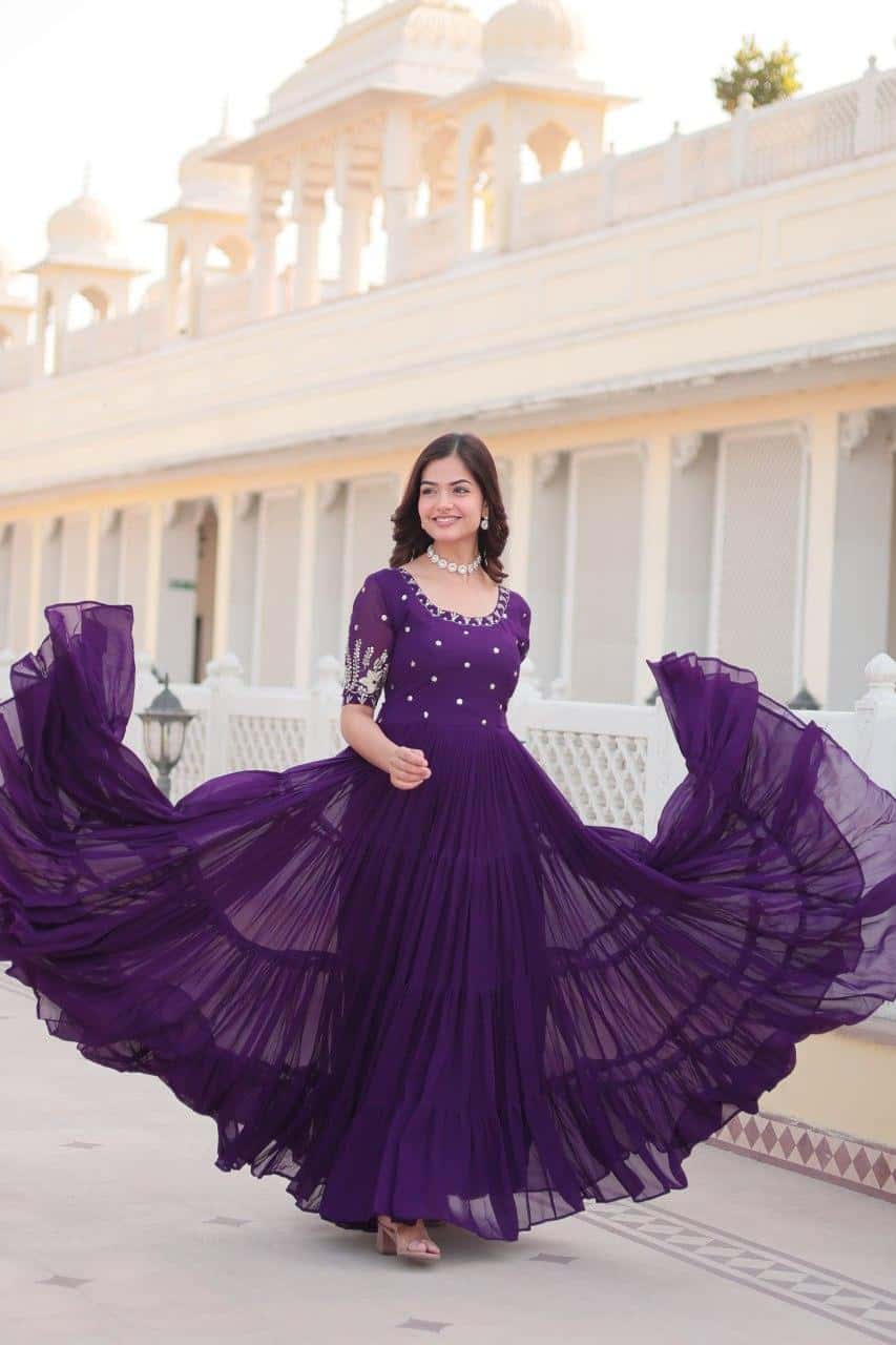 Zari work full flared gown kurta for women