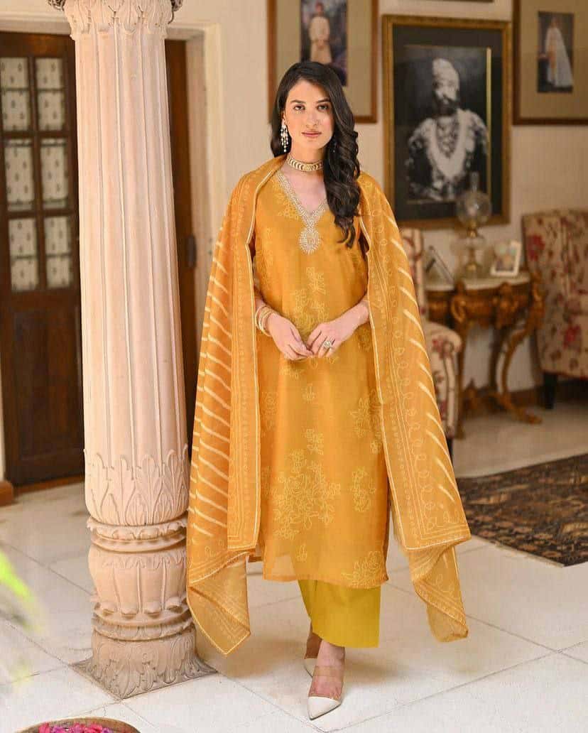 "Elegant Pure Rayon Embroidered Kurti Set with Taby Silk Dupatta – Orange & Blue"