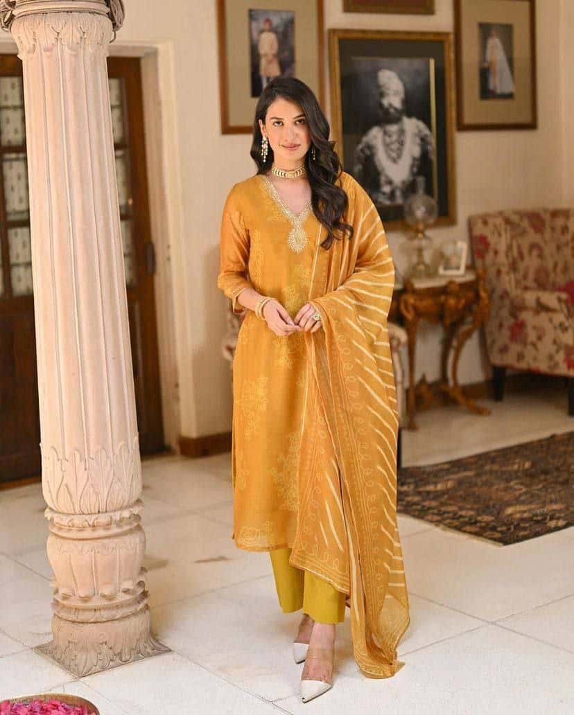 "Elegant Pure Rayon Embroidered Kurti Set with Taby Silk Dupatta – Orange & Blue"
