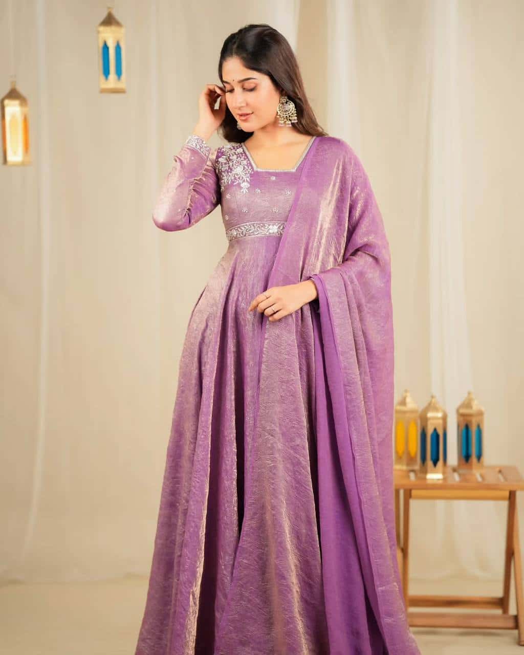 "Elegant Heavy Goldcrush Silk Gown with Embroidery & Rivet Moti Work"