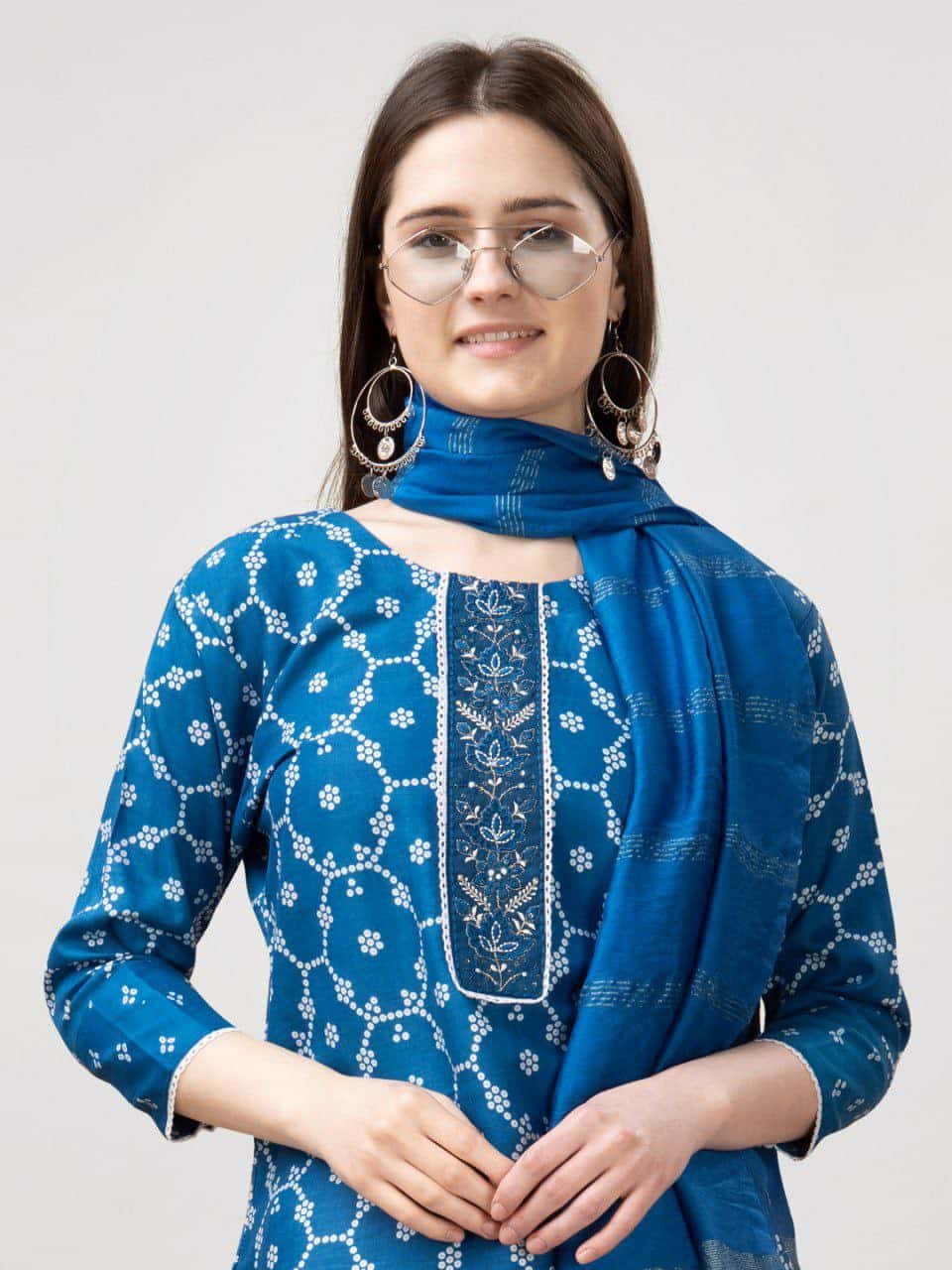 "Elegant Rayon Print Kurti with Embroidery, Fancy Lace Work & Silk Blend Dupatta"