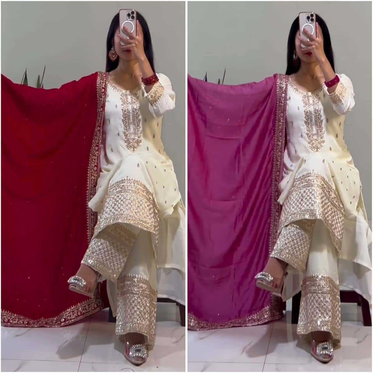 "Elegant Chinnon Silk Embroidered Top, Pant & Dupatta Set"