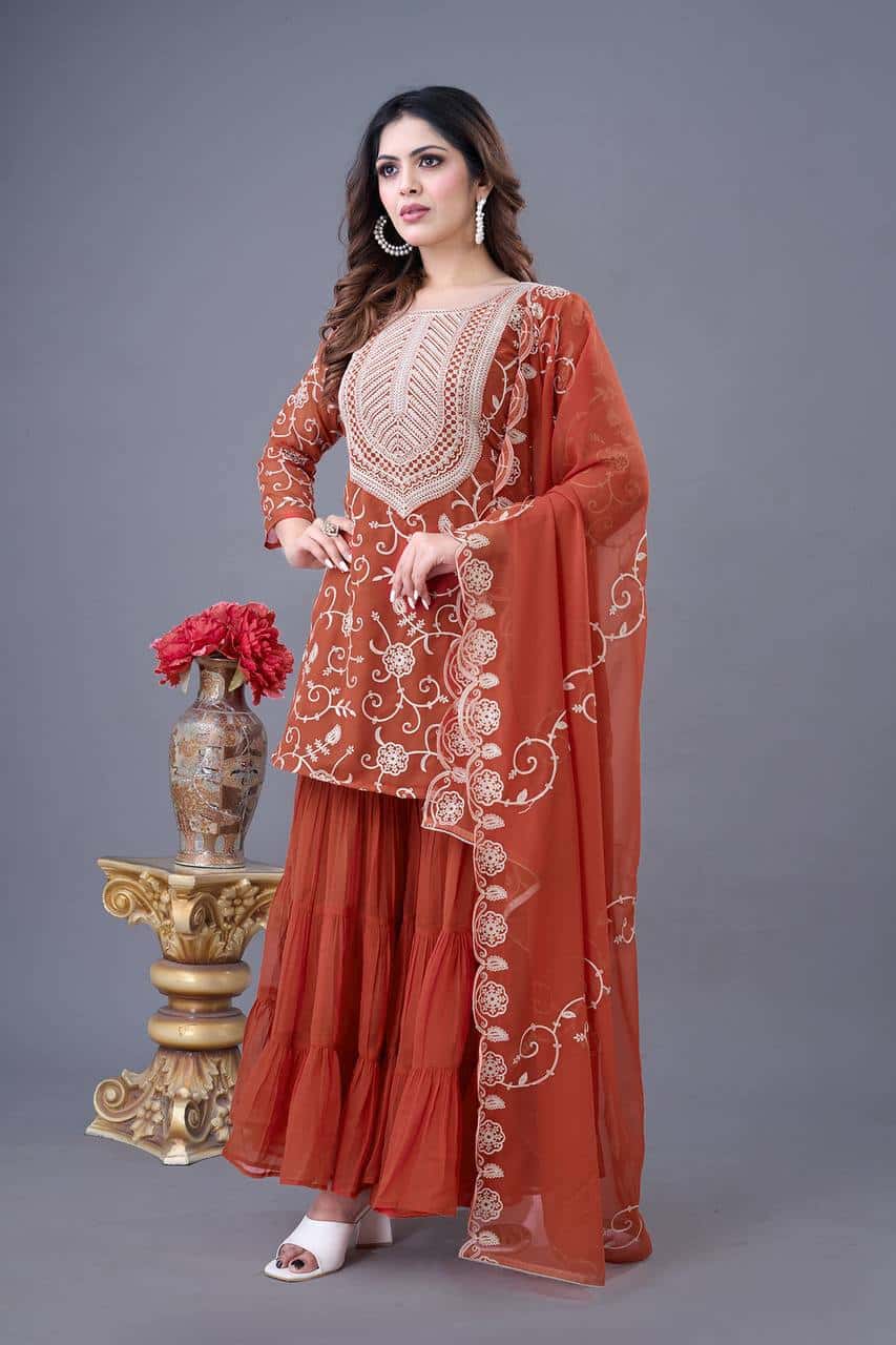 "Luxury Georgette Embroidered Top & Sharara Set with Dupatta"