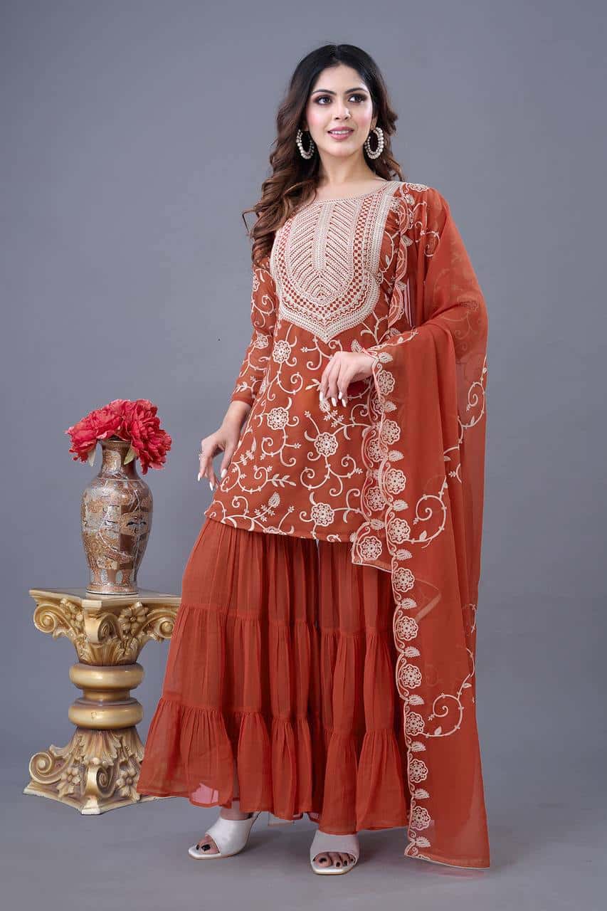 "Luxury Georgette Embroidered Top & Sharara Set with Dupatta"