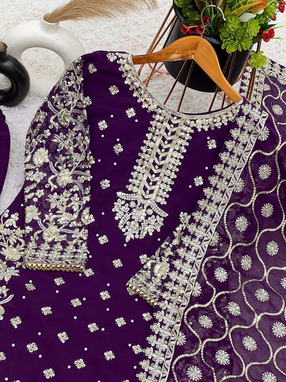 "Elegant Heavy Faux Georgette Embroidered 3-Piece Set with Sequence Work"