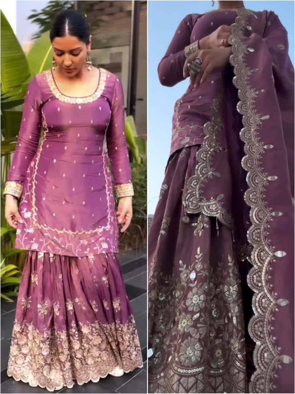 Elegant Embroidered Twill Net Set: Top, Plazzo, and Dupatta