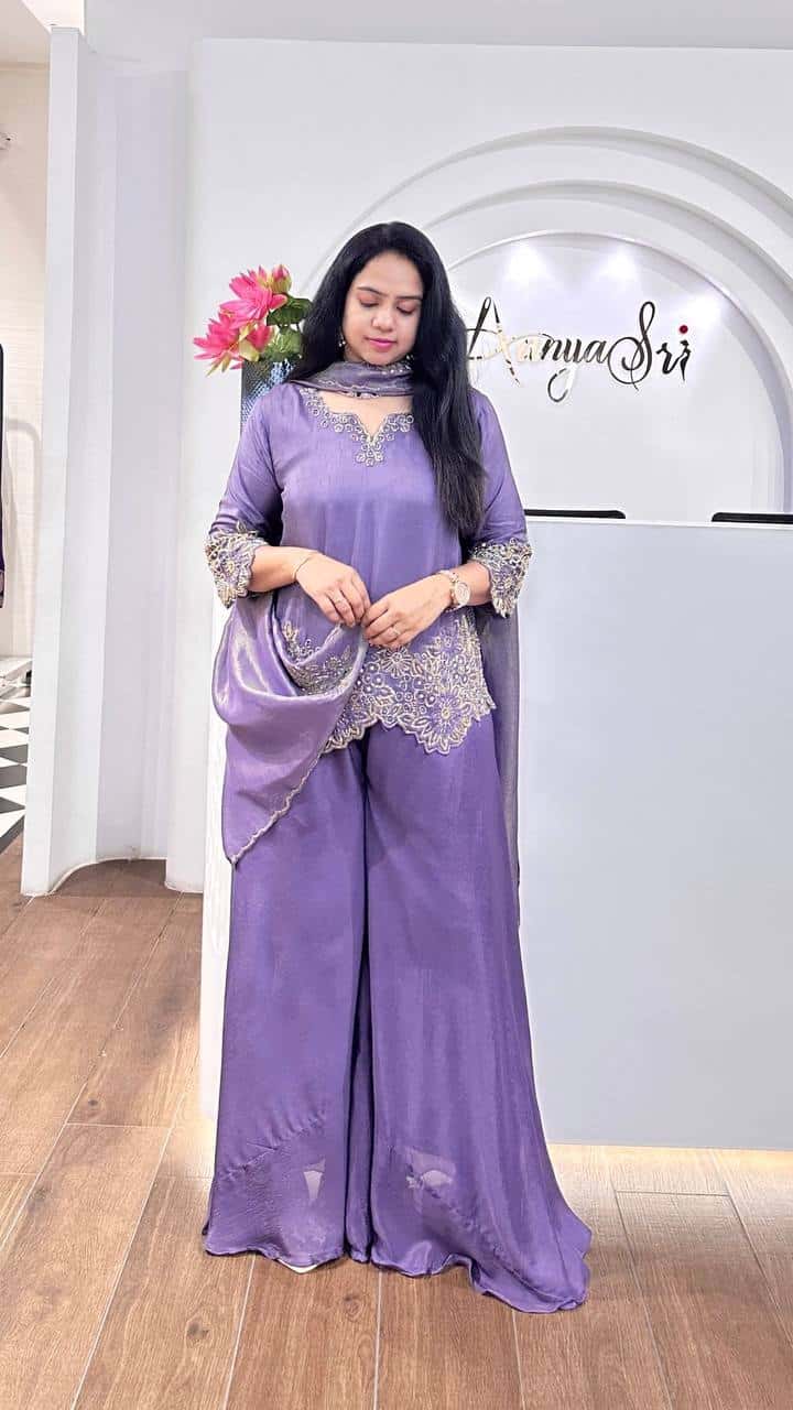 "Elegant Faux Georgette Embroidered Top with Plazzo & Dupatta Set"