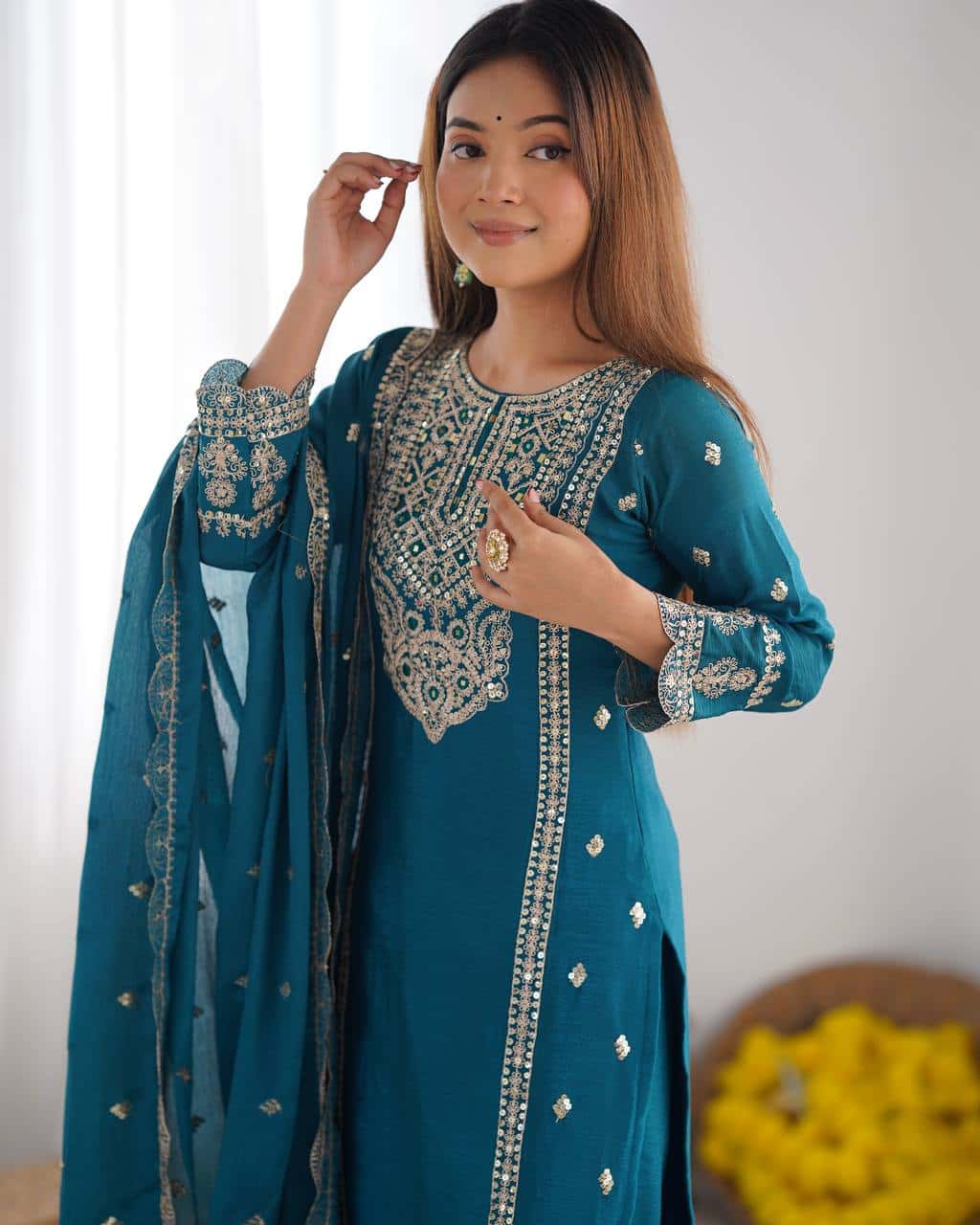 "Premium Chinnon Silk Designer Set with Intricate Mirror & Khatli Work"