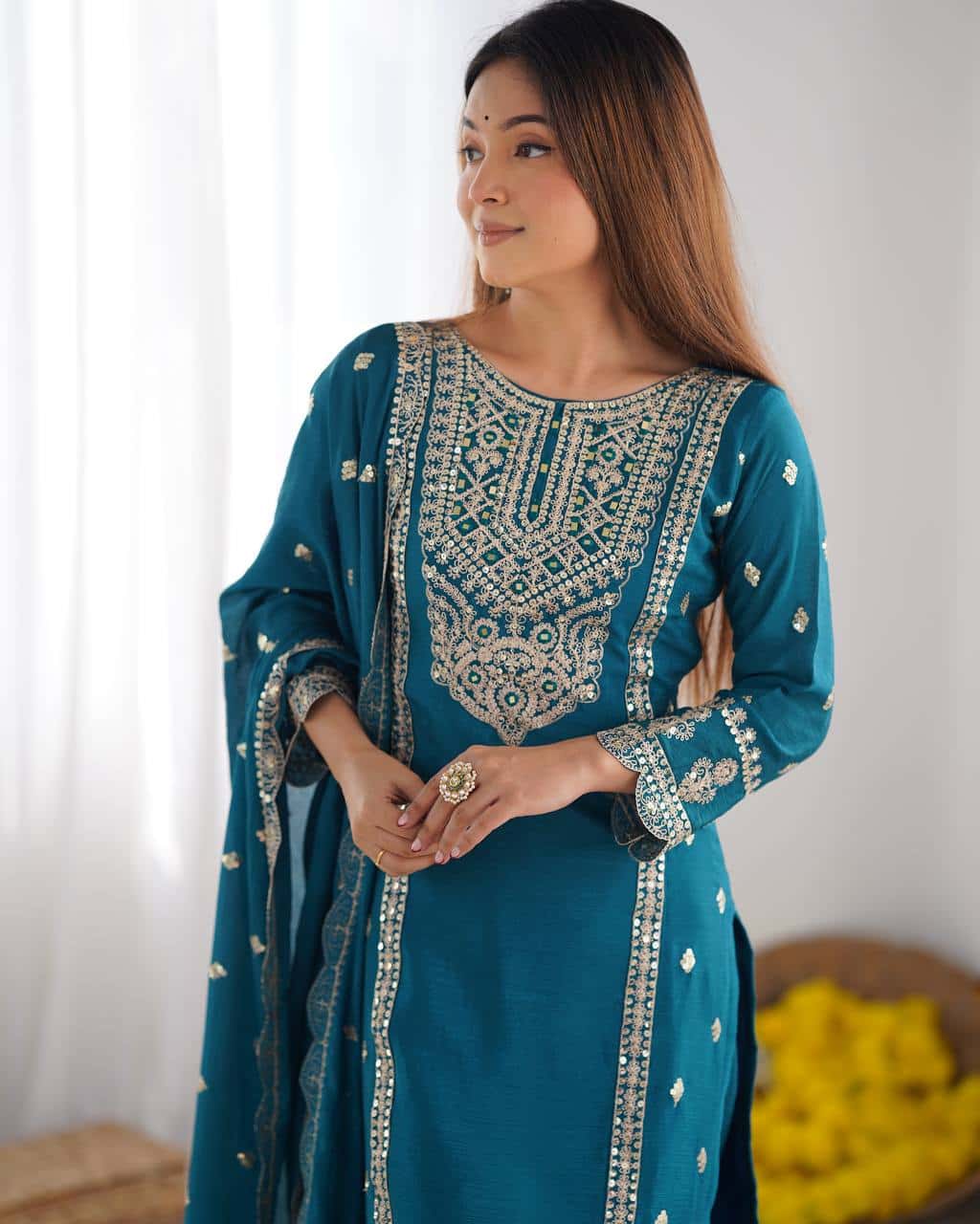 "Premium Chinnon Silk Designer Set with Intricate Mirror & Khatli Work"