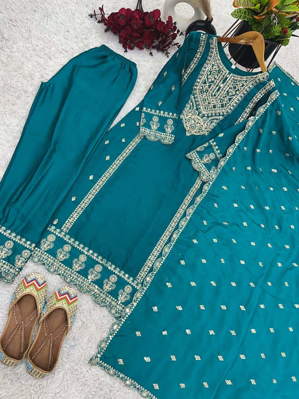 "Premium Chinnon Silk Designer Set with Intricate Mirror & Khatli Work"