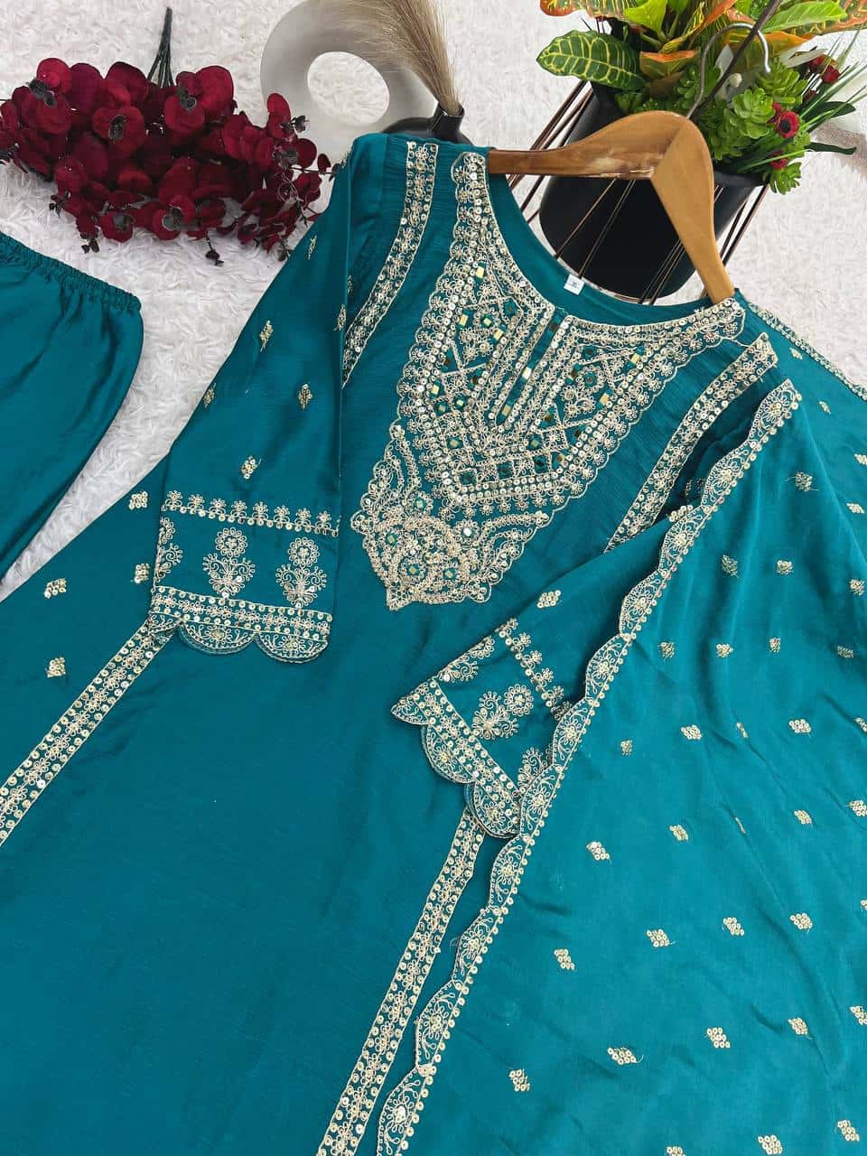 "Premium Chinnon Silk Designer Set with Intricate Mirror & Khatli Work"