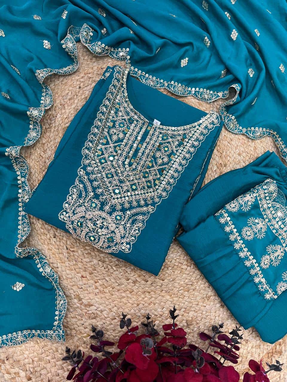 "Premium Chinnon Silk Designer Set with Intricate Mirror & Khatli Work"