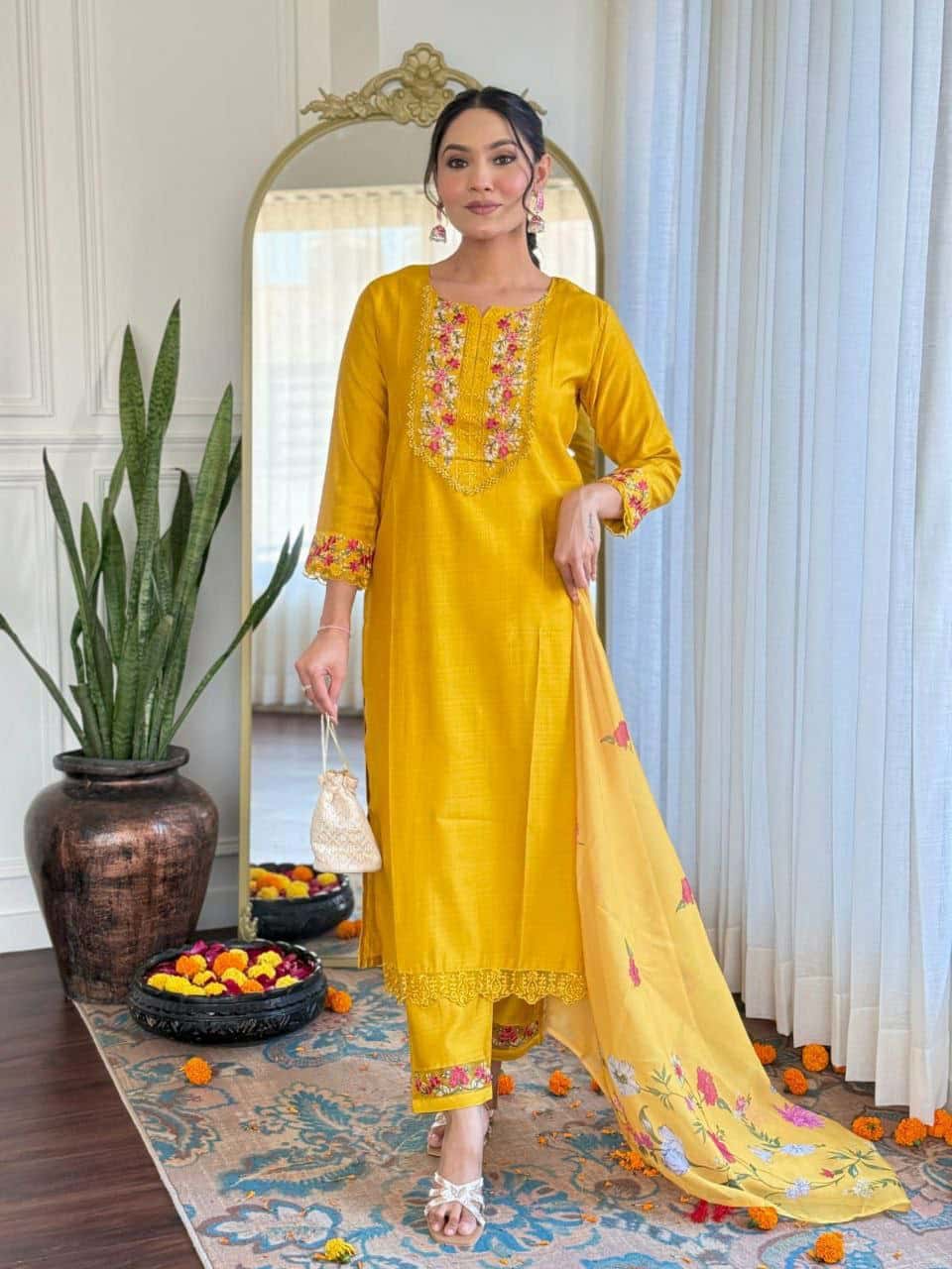 "Elegant Gadhwal Silk Top with Embroidery & Taby Silk Dupatta – Stylish & Comfortable"