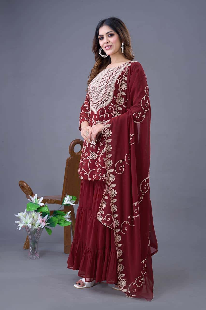 "Luxury Georgette Embroidered Top & Sharara Set with Dupatta"