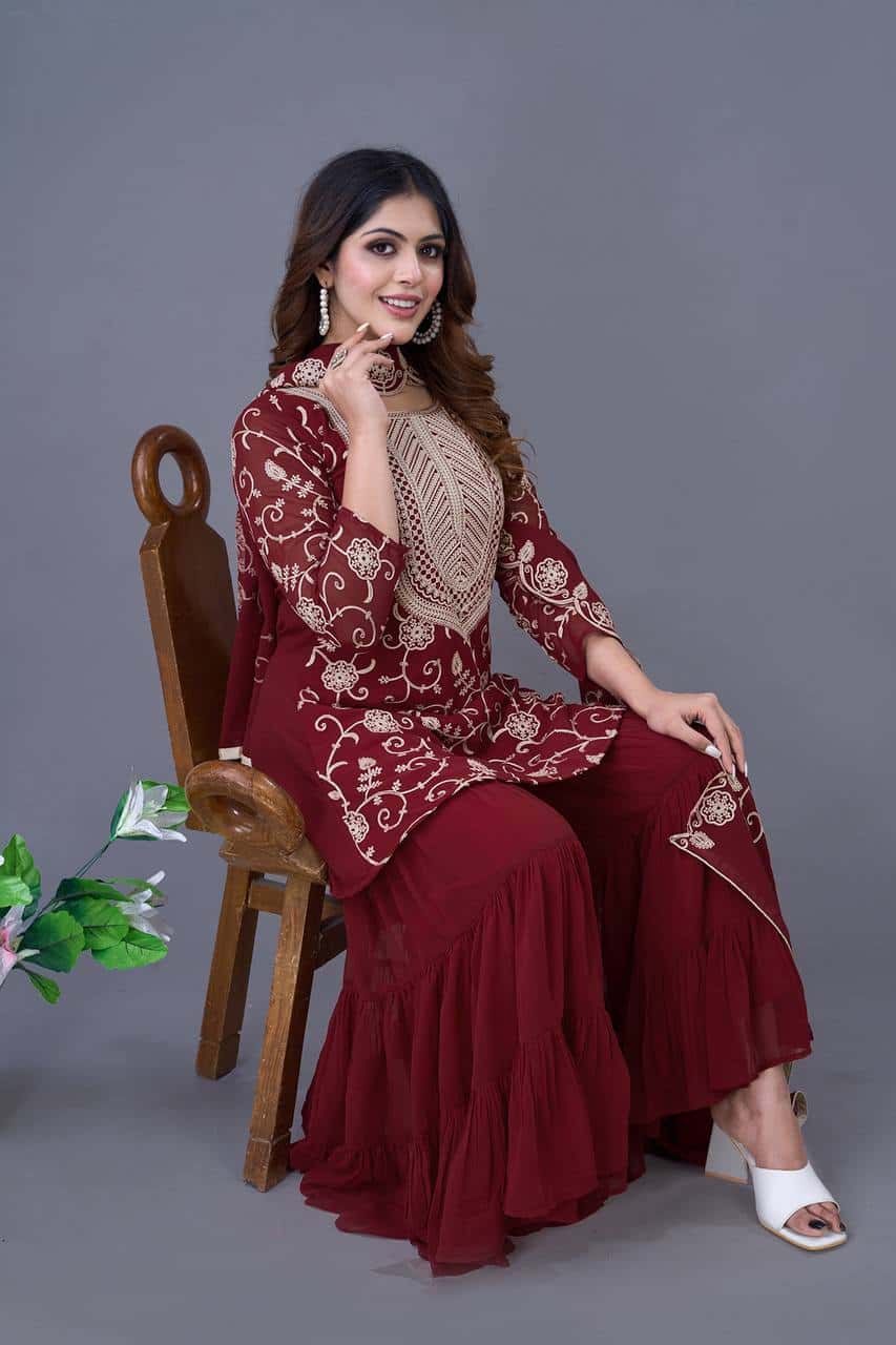 "Luxury Georgette Embroidered Top & Sharara Set with Dupatta"
