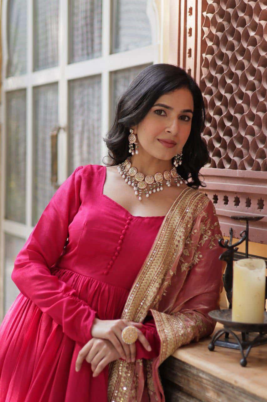 "Elegant Shimmer Vichitra Gown with Sequins Embroidery & Designer Dupatta"