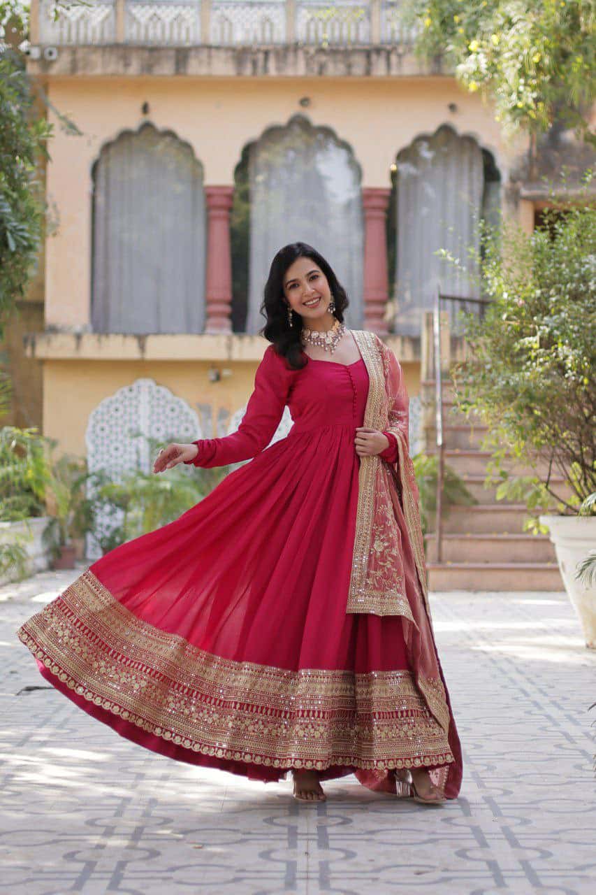 "Elegant Shimmer Vichitra Gown with Sequins Embroidery & Designer Dupatta"