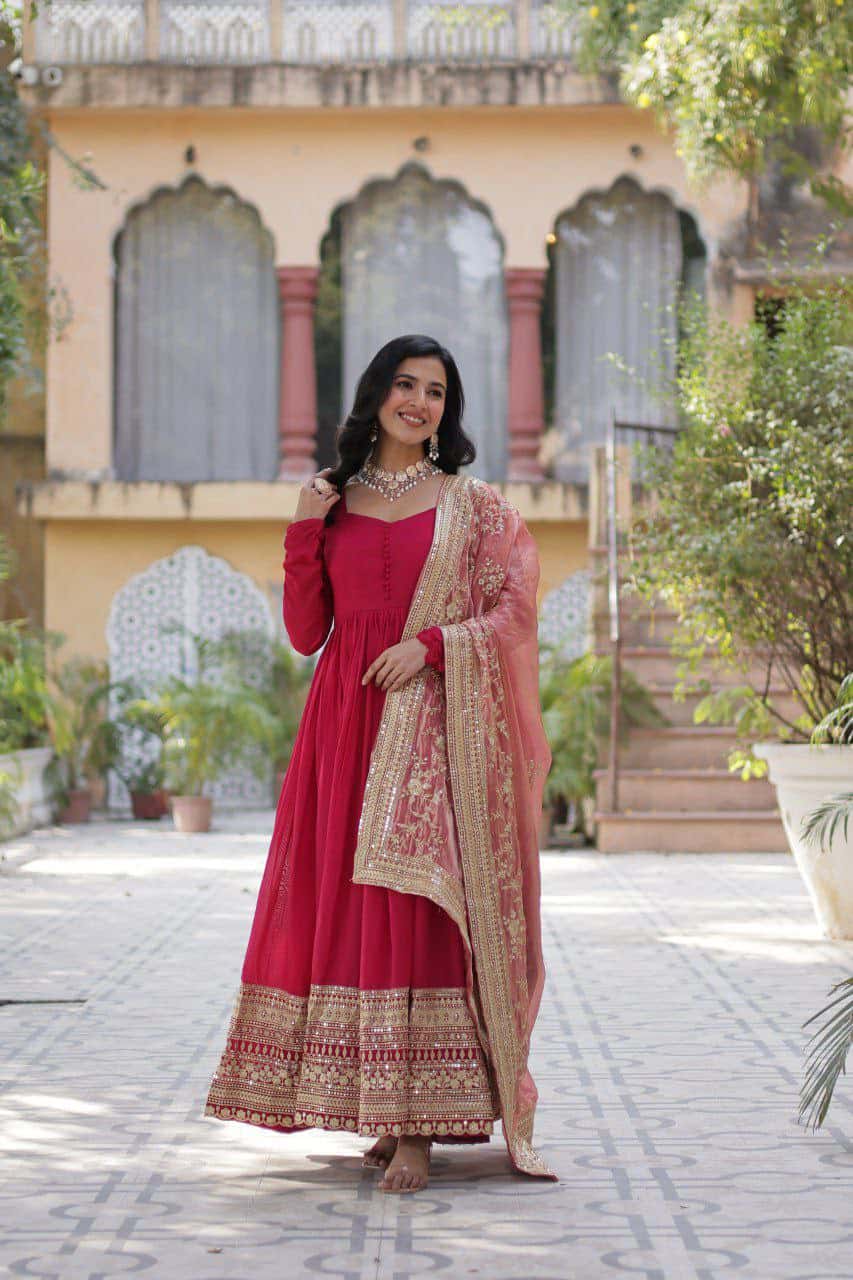 "Elegant Shimmer Vichitra Gown with Sequins Embroidery & Designer Dupatta"