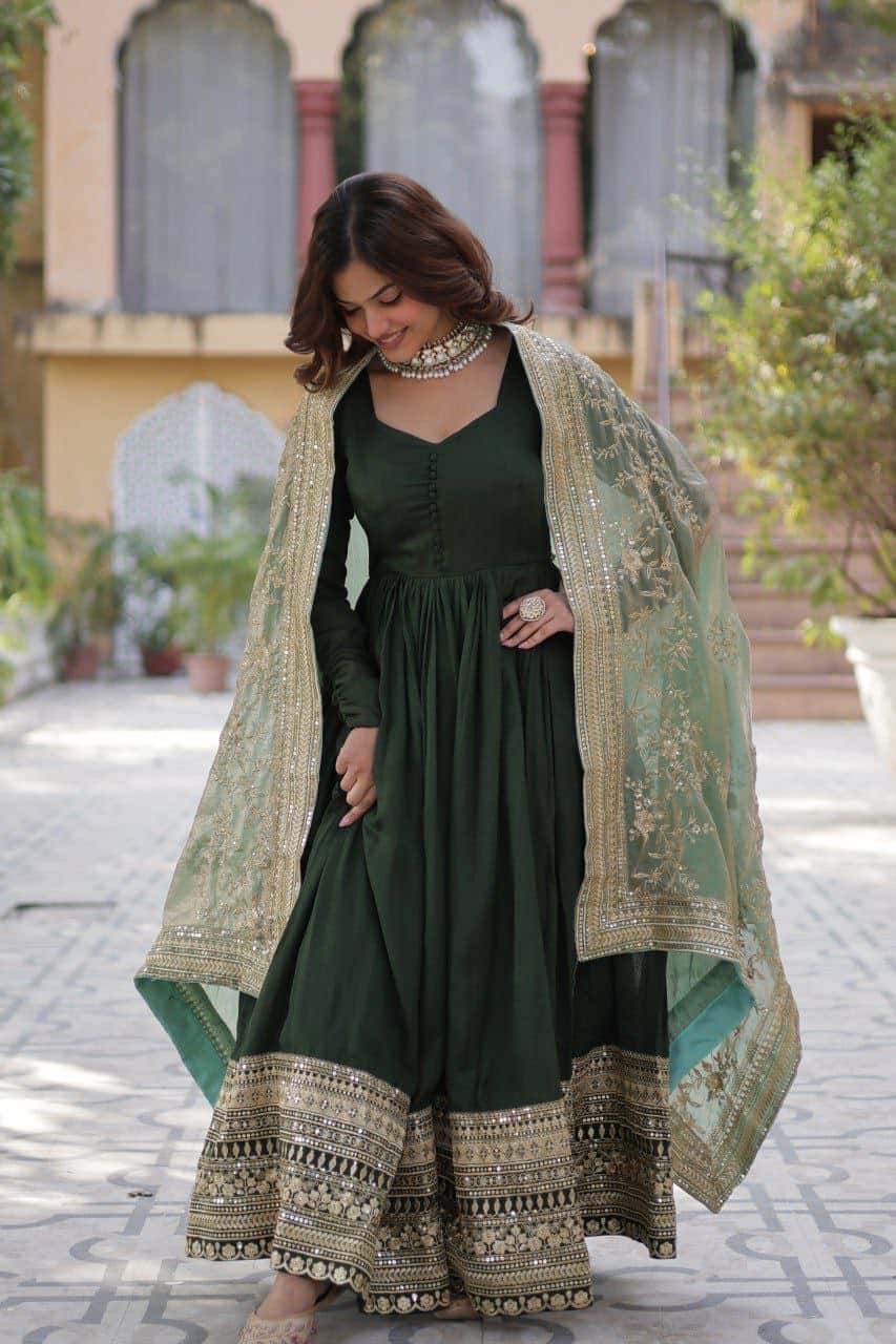 "Elegant Shimmer Vichitra Gown with Sequins Embroidery & Designer Dupatta"