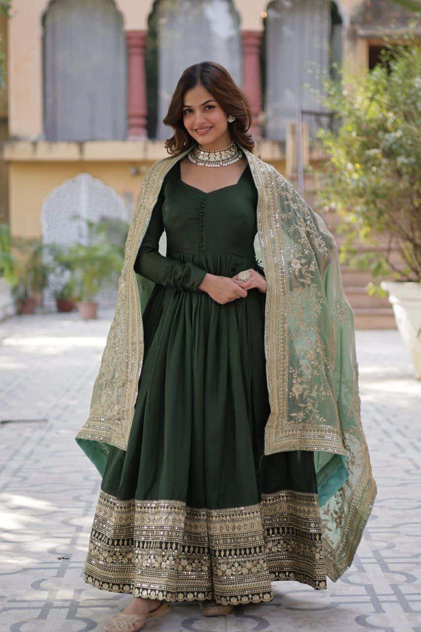 "Elegant Shimmer Vichitra Gown with Sequins Embroidery & Designer Dupatta"