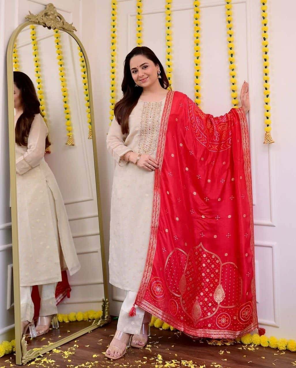 "Premium Pure Jacquard Soft Weaving Set with Embroidered Neck & Dupatta"