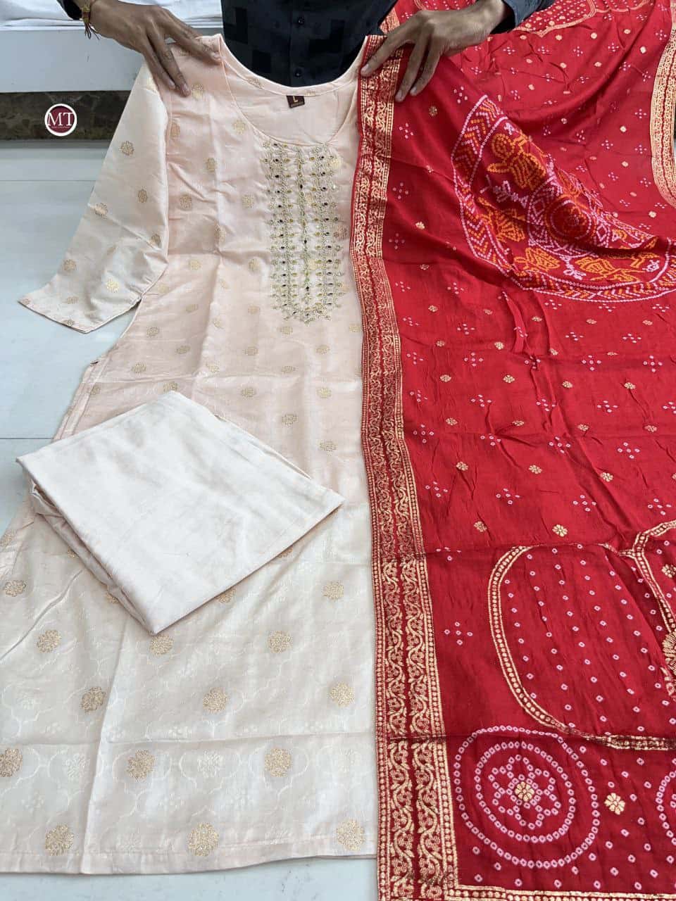 "Premium Pure Jacquard Soft Weaving Set with Embroidered Neck & Dupatta"