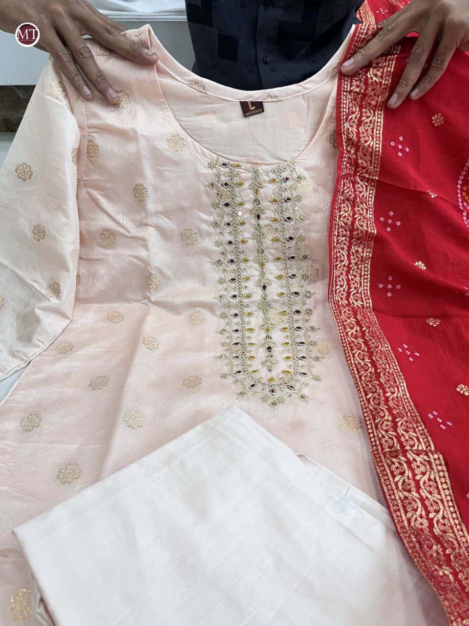 "Premium Pure Jacquard Soft Weaving Set with Embroidered Neck & Dupatta"