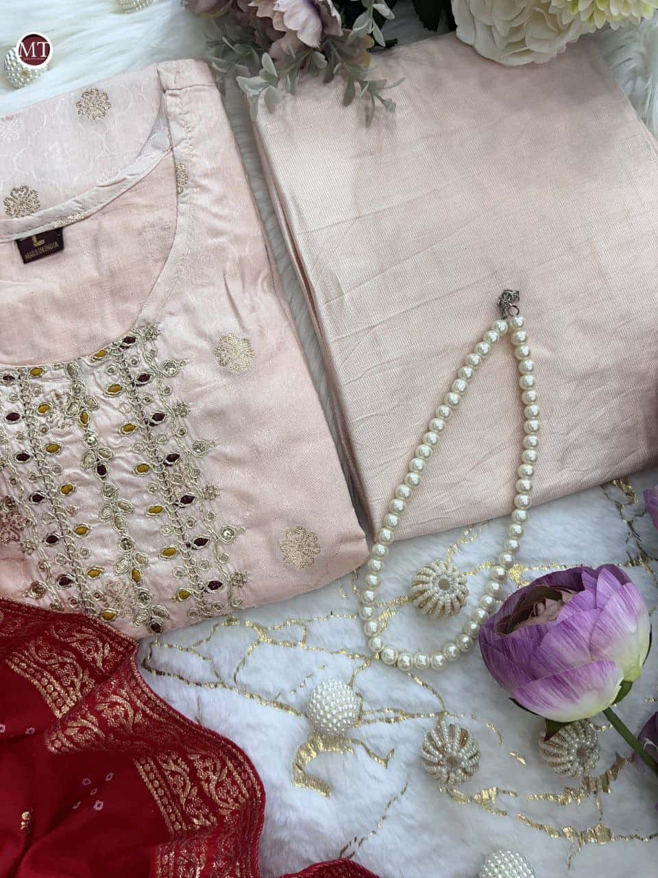 "Premium Pure Jacquard Soft Weaving Set with Embroidered Neck & Dupatta"