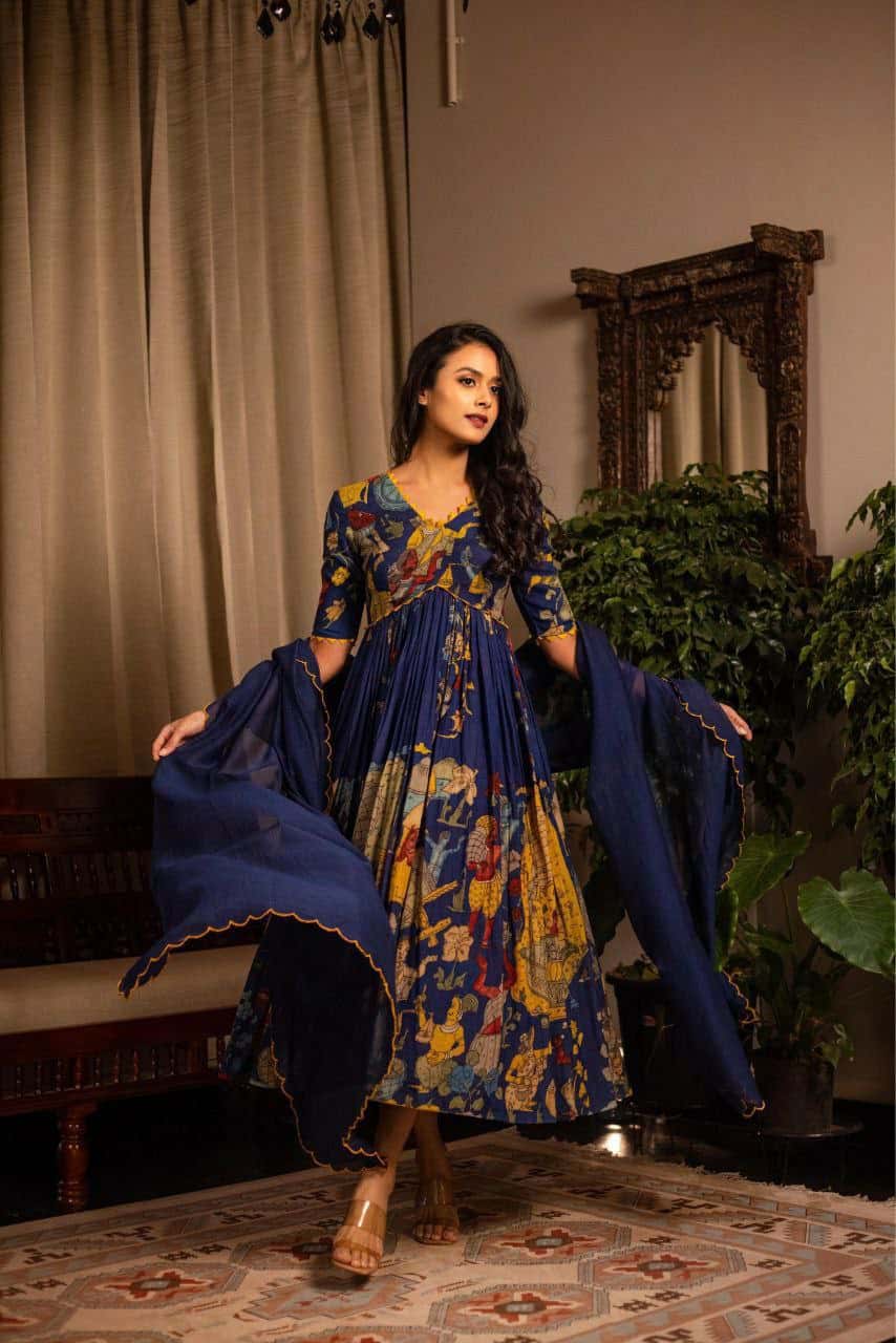 “Elegant Chinon Silk Kalamkari Printed Top with Cut Work Border Dupatta”