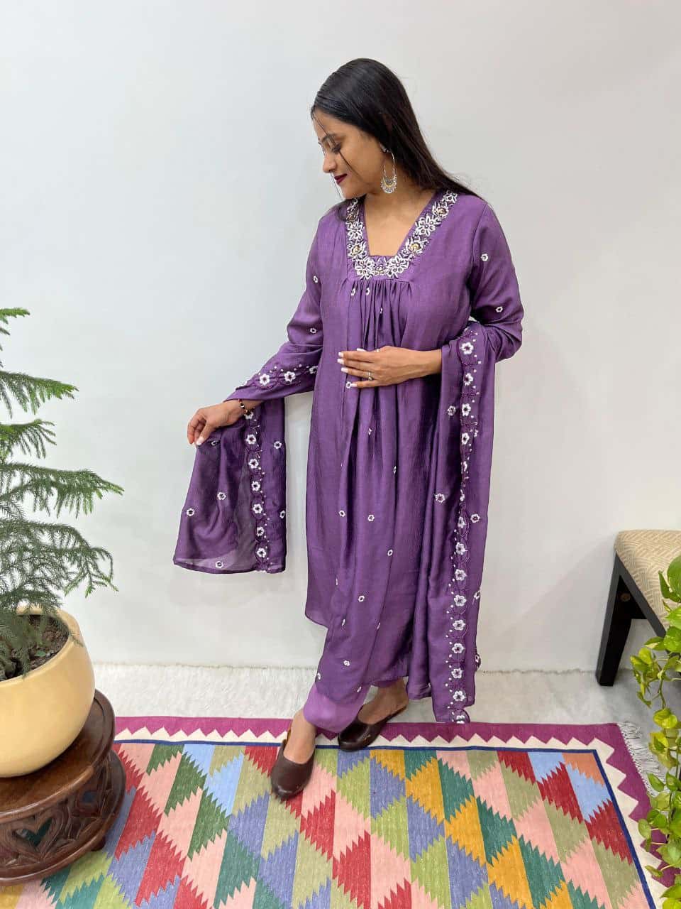 Elegant Vichitra Silk Handwork Gown Set with Embroidered Dupatta